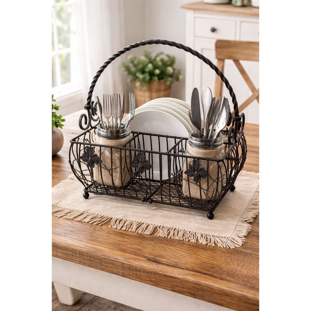Wrought Iron Utensil Caddy with Handle Farmhouse Flatware Holder Vintage Style